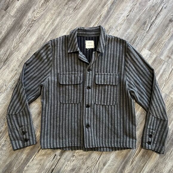 Billy Reid Wool Blend Overshirt Jacket Gray Stripe Size L Button Front Shacket - Picture 1 of 10